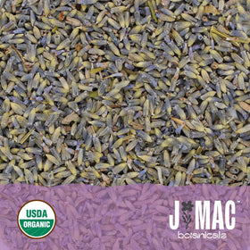 J MAC Botanicals lavender buds mountain harvest closeup emphasizing origin and family farming.