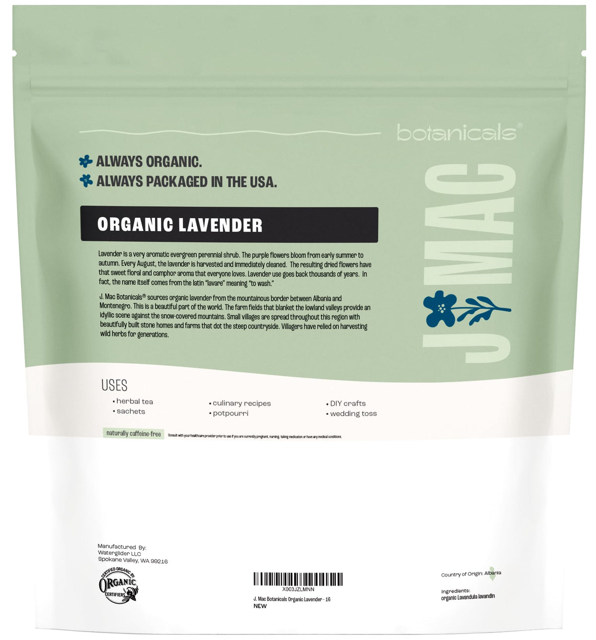 J MAC Botanicals lavender buds resealable packaging closeup highlighting freshness and shelf life.
