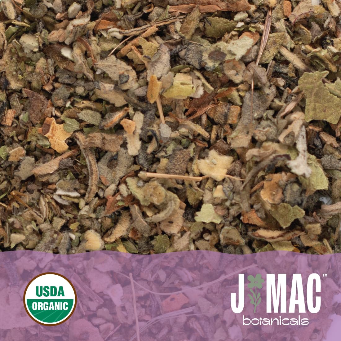 J Mac Botanicals leaf and flower blend ready for soothing infusion.