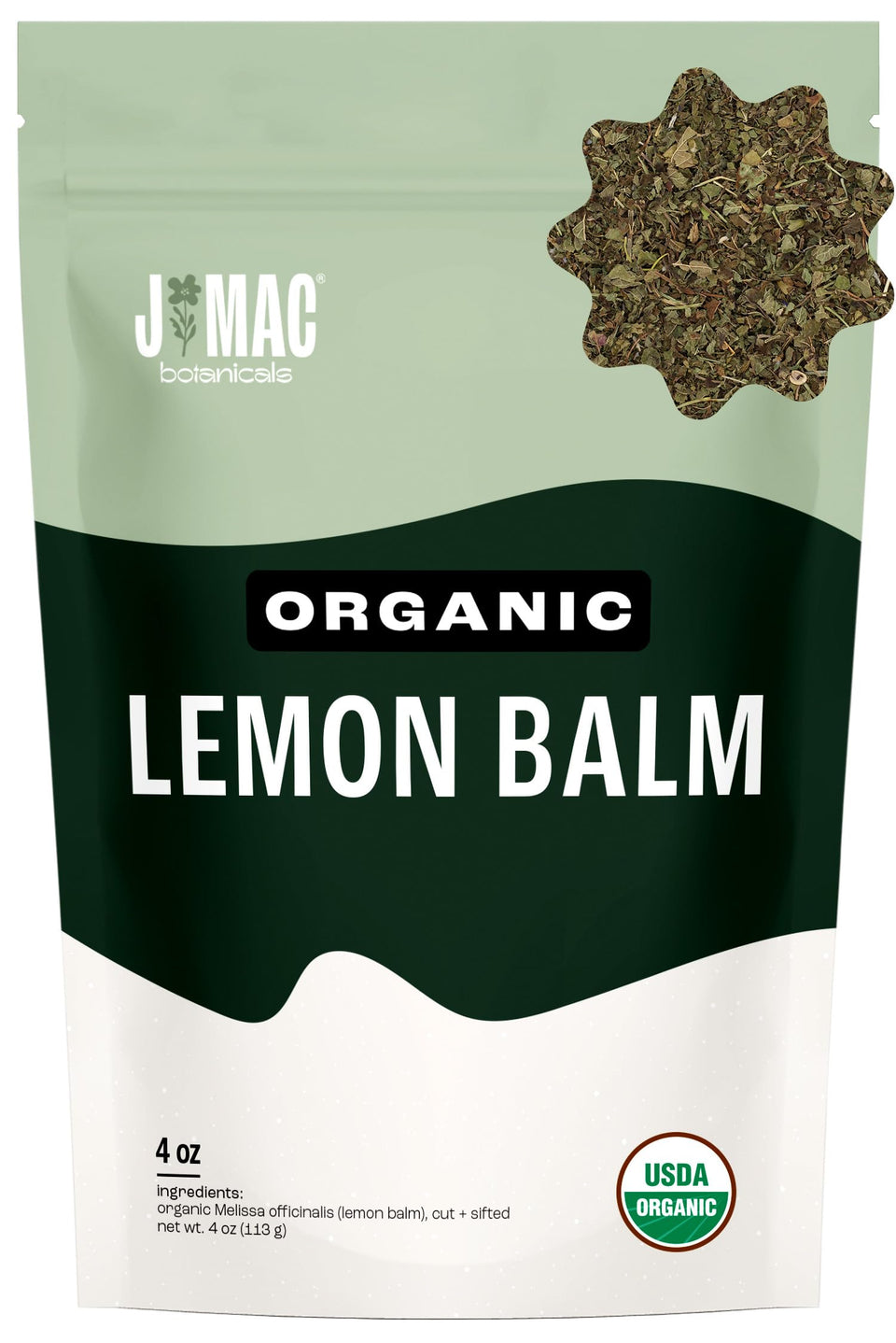 J Mac Botanicals Lemon Balm tea leaf closeup highlighting fresh citrus aroma