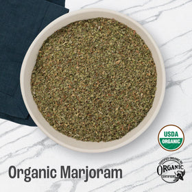 J Mac Botanicals marjoram leaves close-up highlighting fresh, aromatic quality for cooking.