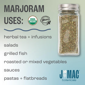 J Mac Botanicals marjoram tea infusion setup, gentle spice notes ready to brew.