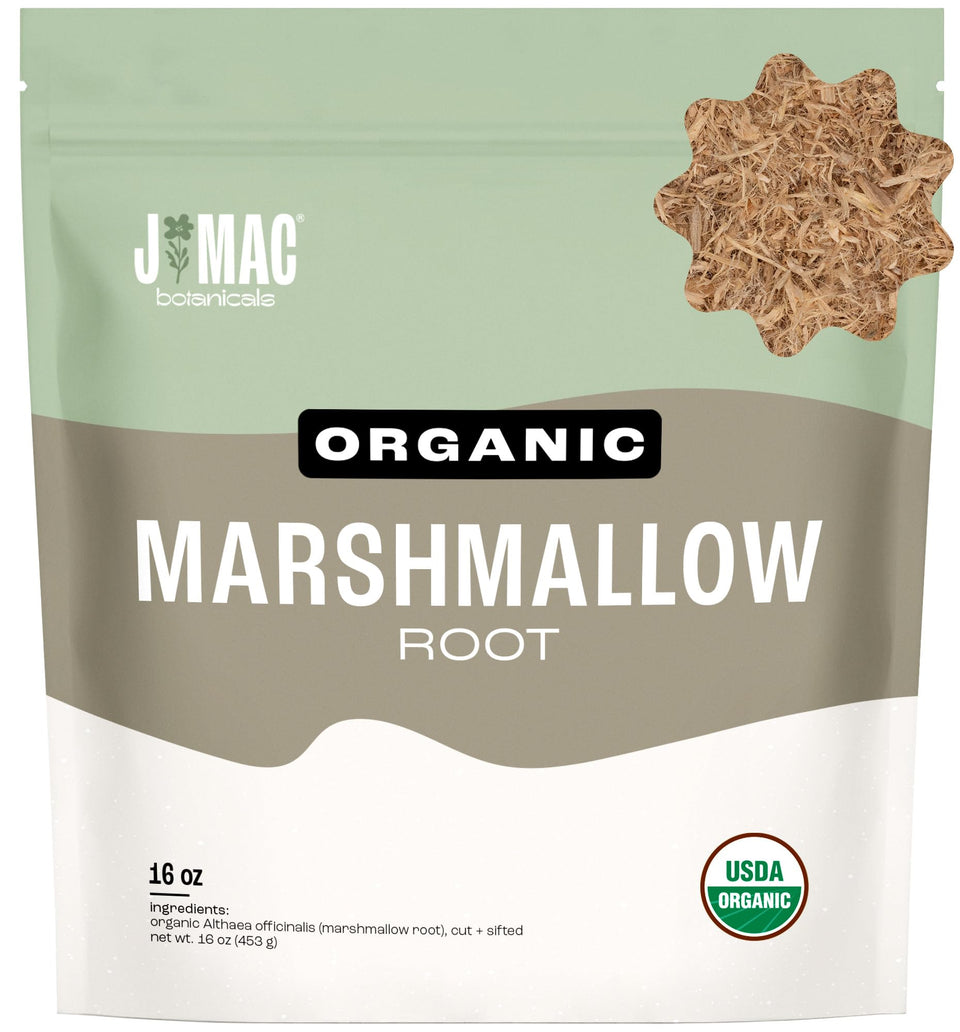J Mac Botanicals marshmallow-root tea packaging highlights premium organic sourcing.
