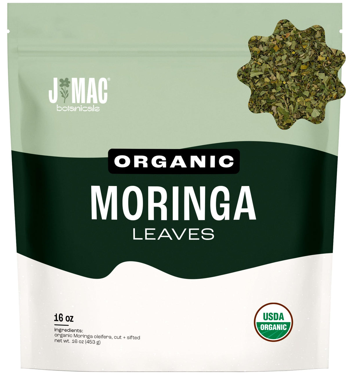 J Mac Botanicals Moringa leaf dried bulk packaging ready for cooking and daily use.