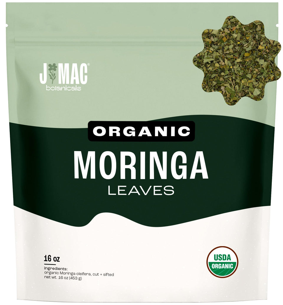 J Mac Botanicals Moringa leaf dried bulk packaging ready for cooking and daily use.
