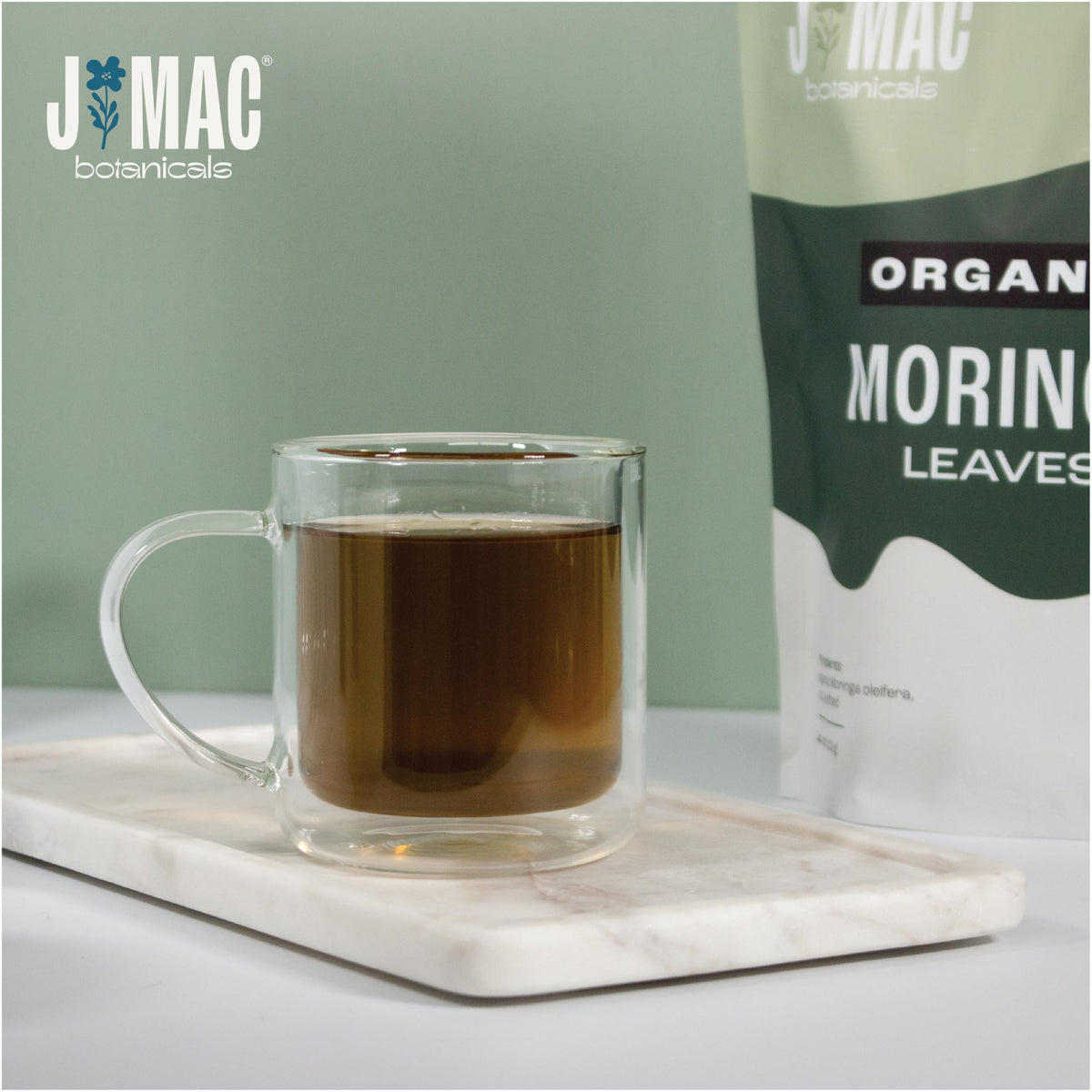 J Mac Botanicals Moringa leaf dried closeup highlights texture ideal for teas.