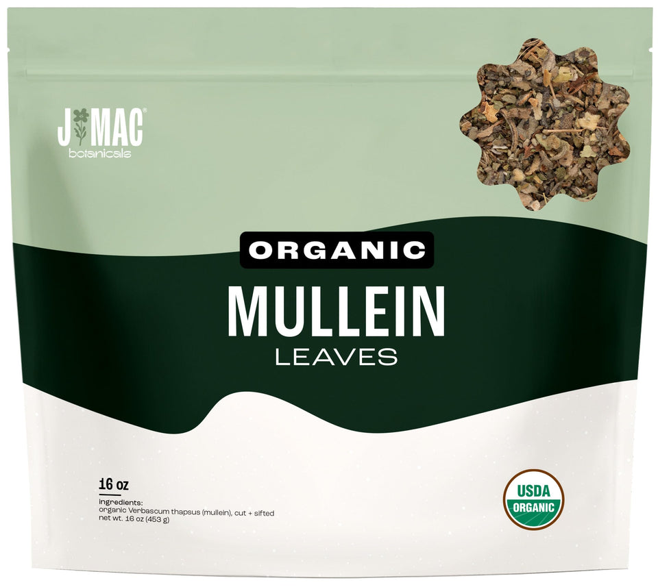 J Mac Botanicals mullein leaves bag for an easy, soothing tea.