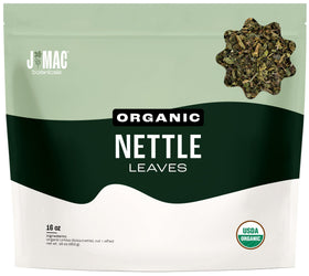 J Mac Botanicals nettle leaf tea bag ready for infusion with a fresh vegetal aroma.