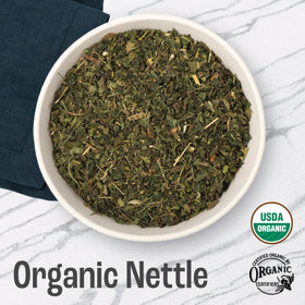 J Mac Botanicals nettle leaf close-up shows vibrant green leaves for premium herbal tea.