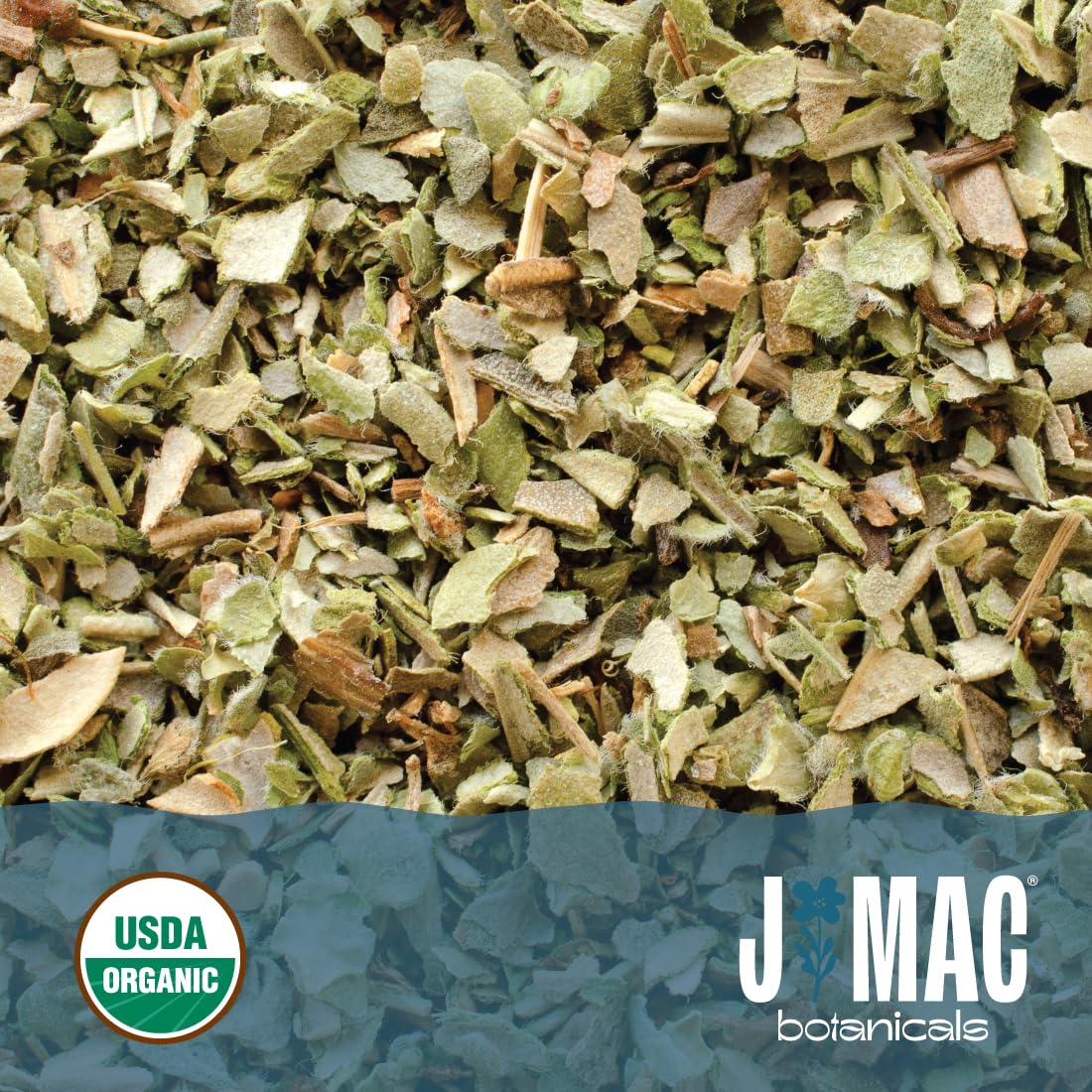 J Mac Botanicals organic-certified marjoram leaves on display for culinary use.