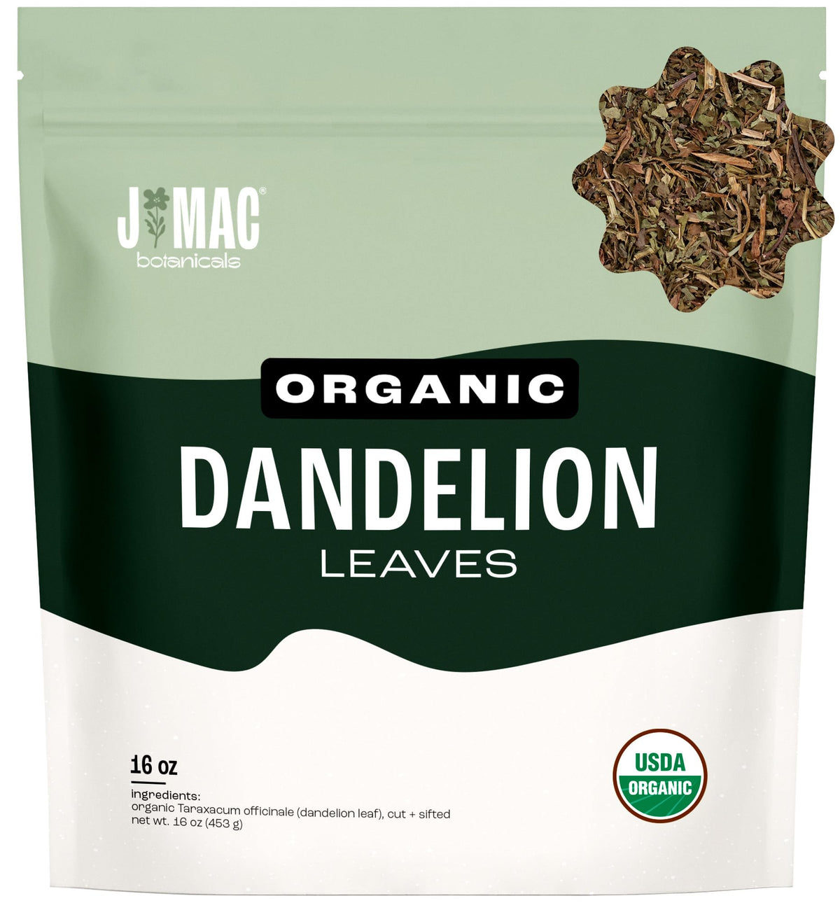 J Mac Botanicals organic dandelion leaves in bag, ideal for caffeine-free tea