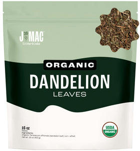 J Mac Botanicals organic dandelion leaves in bag, ideal for caffeine-free tea