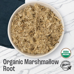 J Mac Botanicals organic dried marshmallow root closeup showing mucilage-rich texture.