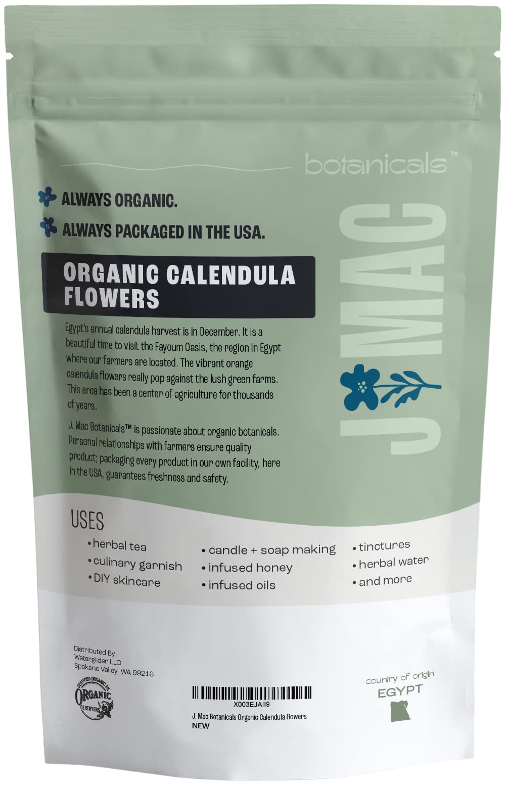 J Mac Botanicals organic facility packaging highlighting 4-ounce bulk calendula