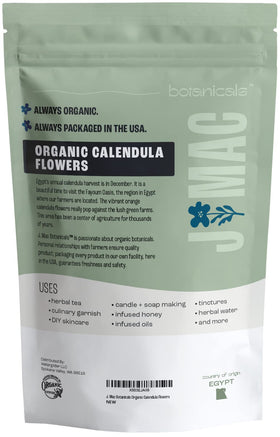 J Mac Botanicals organic facility packaging highlighting 4-ounce bulk calendula