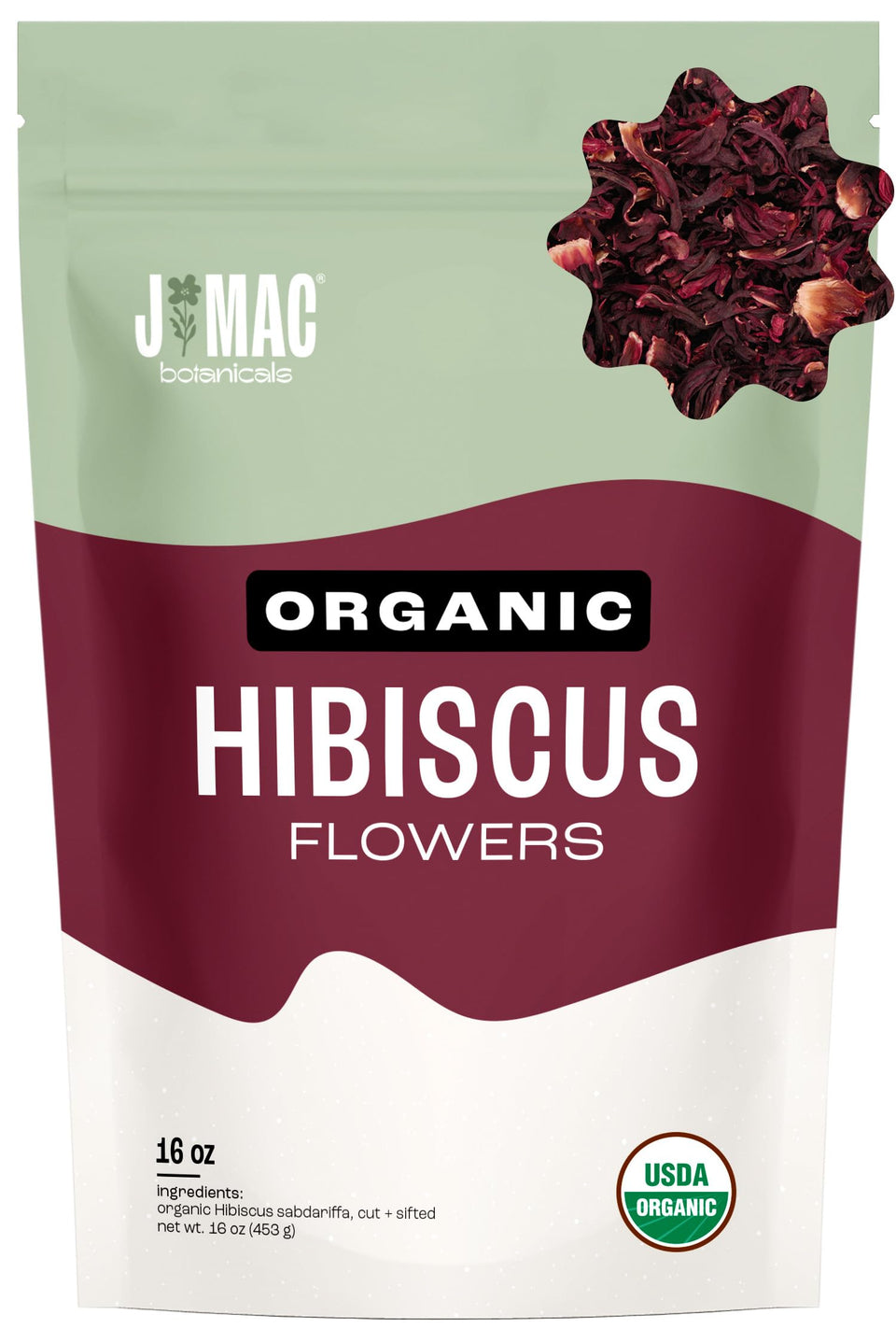 J Mac Botanicals organic hibiscus flowers bulk, ideal for tea and culinary uses.