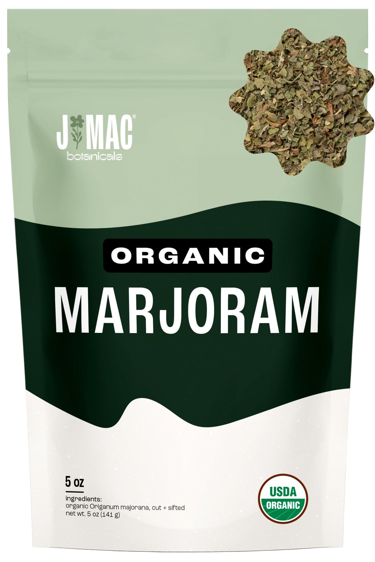 J Mac Botanicals Organic Marjoram leaves in a resealable bag for easy seasoning.