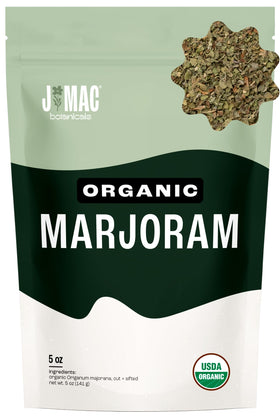 J Mac Botanicals Organic Marjoram leaves in a resealable bag for easy seasoning.