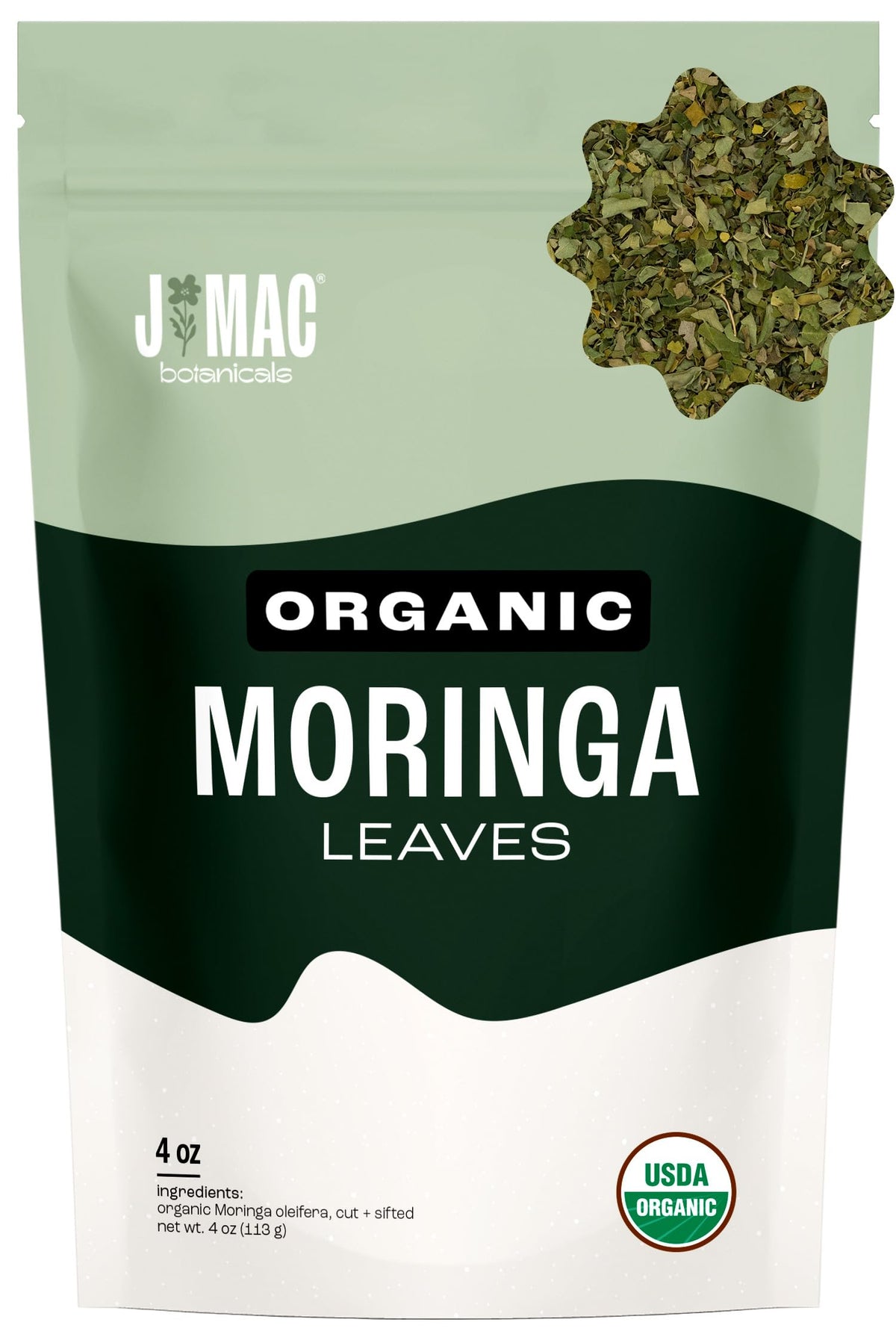 J Mac Botanicals organic moringa leaves bulk bag for daily tea infusion.