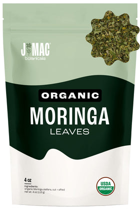 J Mac Botanicals organic moringa leaves bulk bag for daily tea infusion.