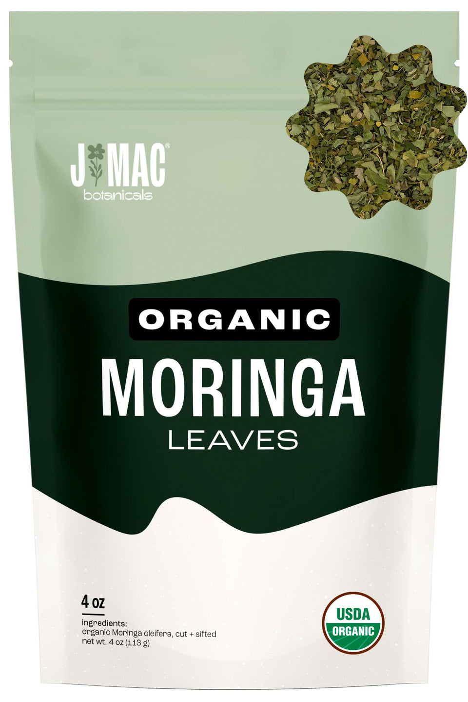 J Mac Botanicals organic moringa leaves bulk bag for daily tea infusion.