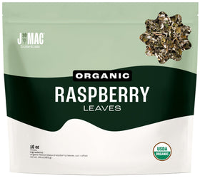 J Mac Botanicals organic raspberry leaf tea bag close-up highlighting aroma