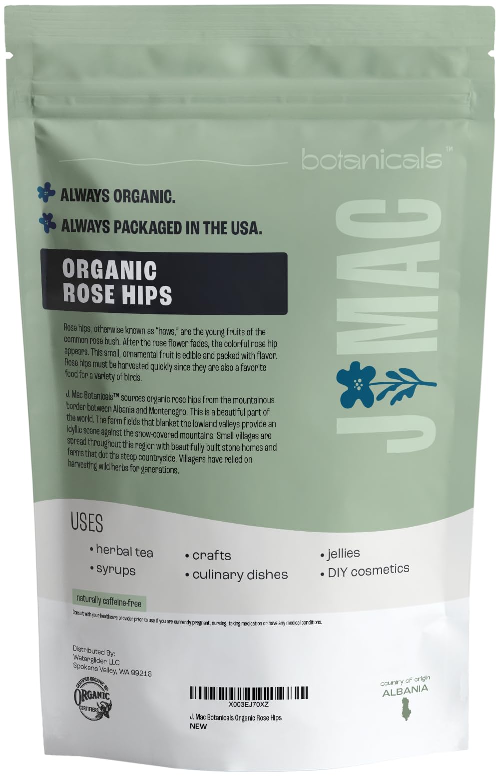 J MAC BOTANICALS organic rose hips with certification badge visible signaling quality