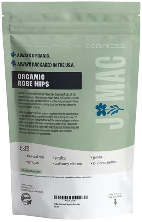 J MAC BOTANICALS organic rose hips with certification badge visible signaling quality