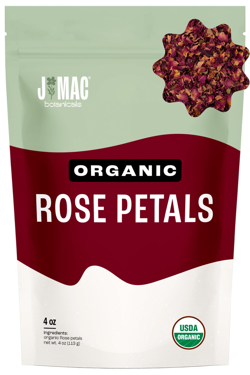 J MAC BOTANICALS rose petals in a fresh bag, ideal for tea and baking.