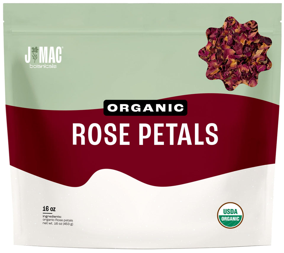 J Mac Botanicals rose petals bulk bag for culinary use and herbal tea.