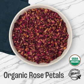 Closeup of dried rose petals showing color and texture for culinary use