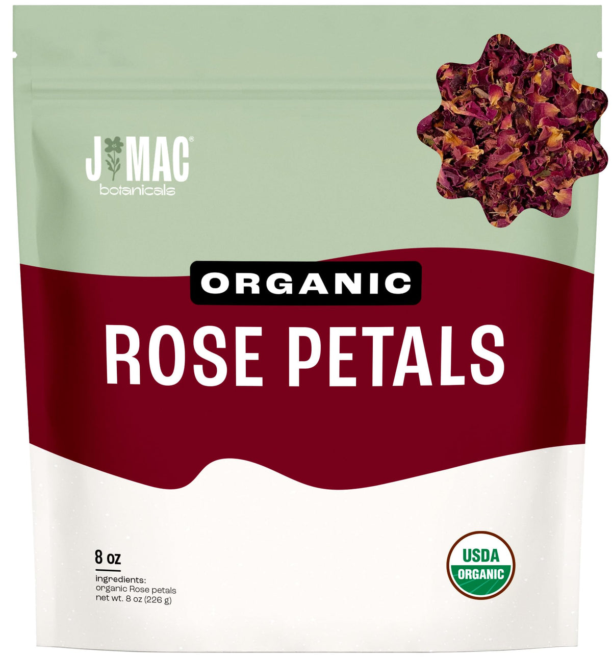 J Mac Botanicals rose petals in packaging for fresh aroma and easy storage