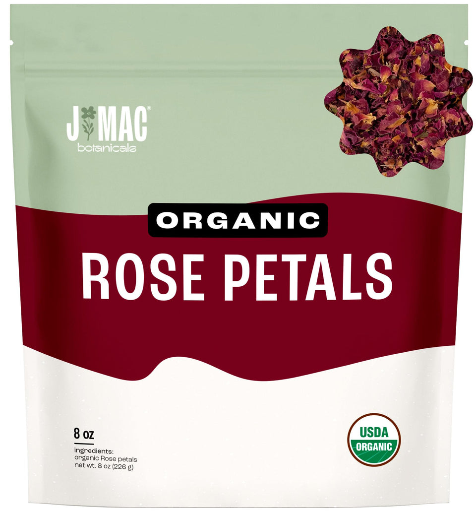 J Mac Botanicals rose petals in packaging for fresh aroma and easy storage