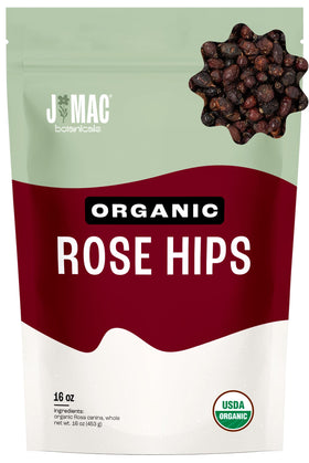 J MAC BOTANICALS organic rose hips in a resealable bag for tea prep and infusions
