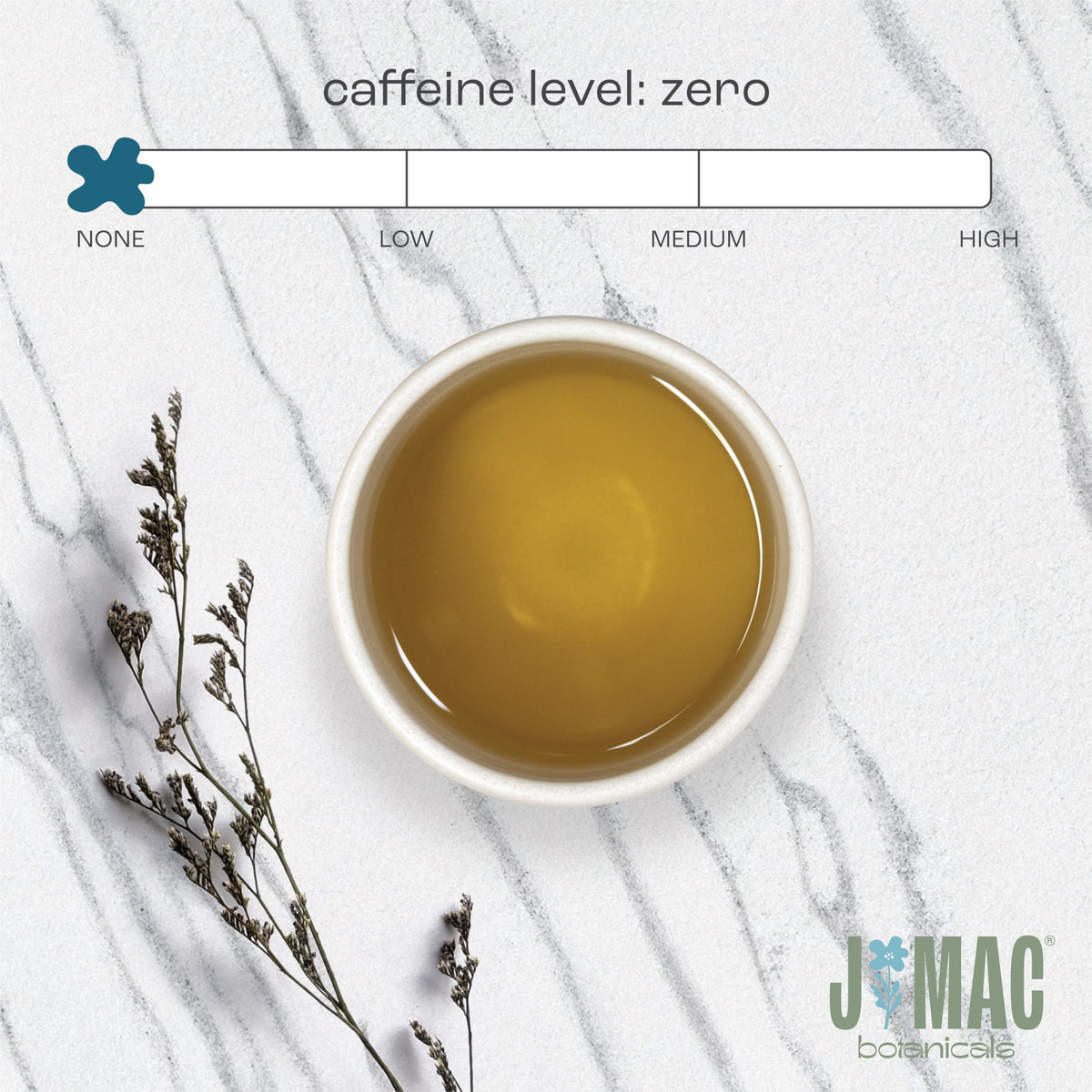 J Mac Botanicals steeping tea cup with inviting aroma.