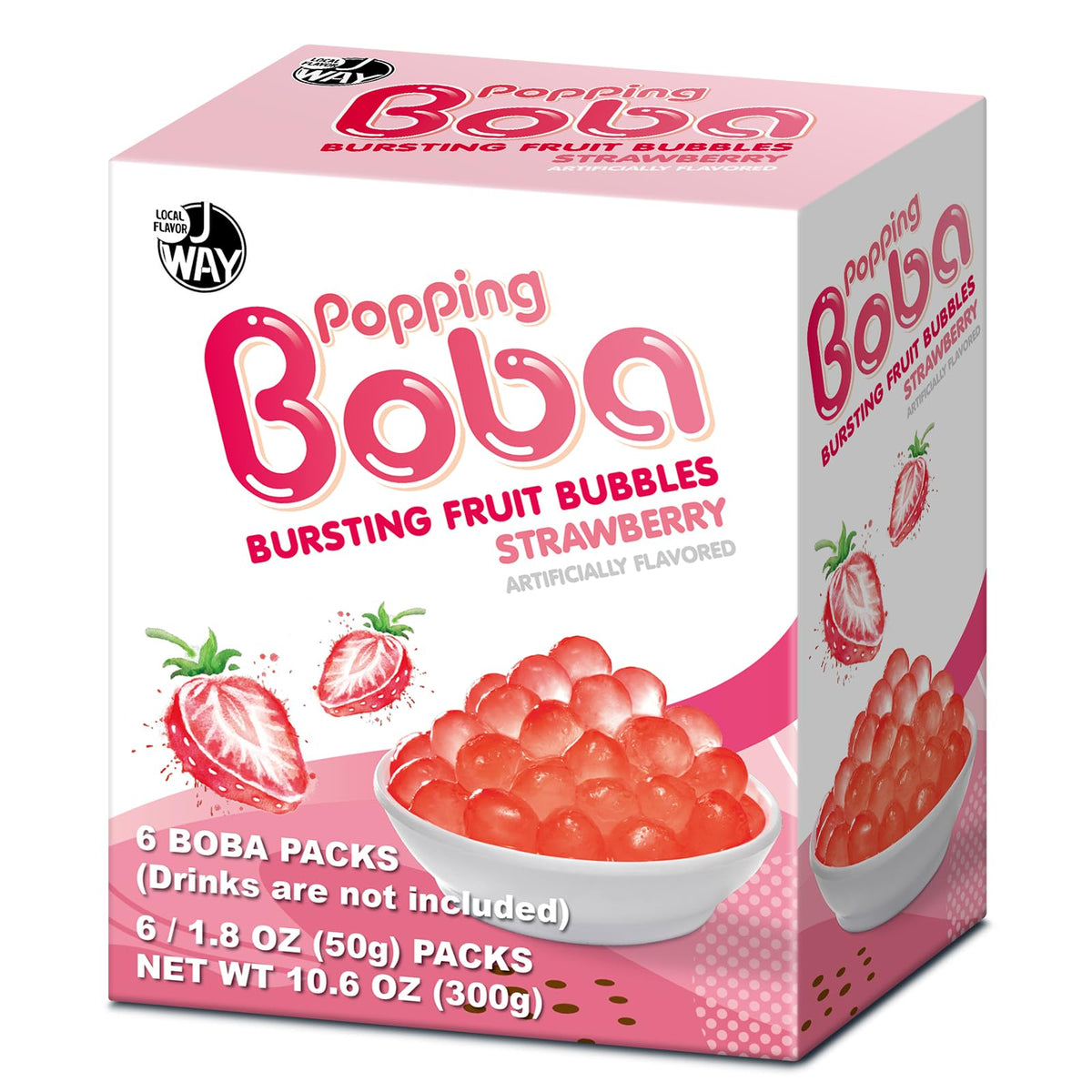 J WAY Bursting Strawberry Popping Boba Pearls in jar with fresh strawberry flavor
