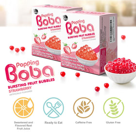 Six-pack strawberry popping boba bags ready-to-use