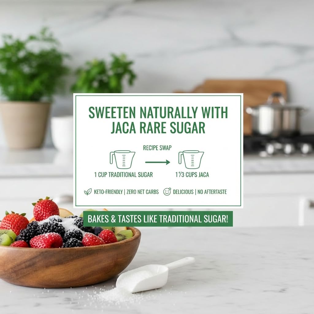 Jaca Rare Sugar measuring spoon scene for precise, low-calorie sweetness.