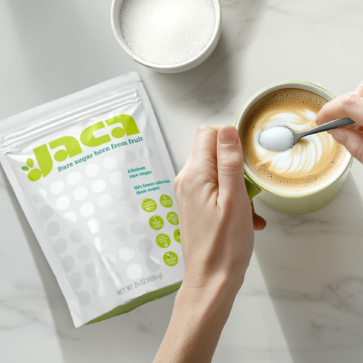 Jaca Rare Sugar tea cup moment showing smooth allulose sweetness.