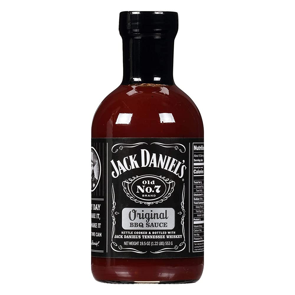 Jack Daniel's Old No. 7 bottle label shows classic branding and smoky barbecue flavor for grilling.