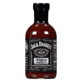 Jack Daniel's Old No. 7 bottle label shows classic branding and smoky barbecue flavor for grilling.