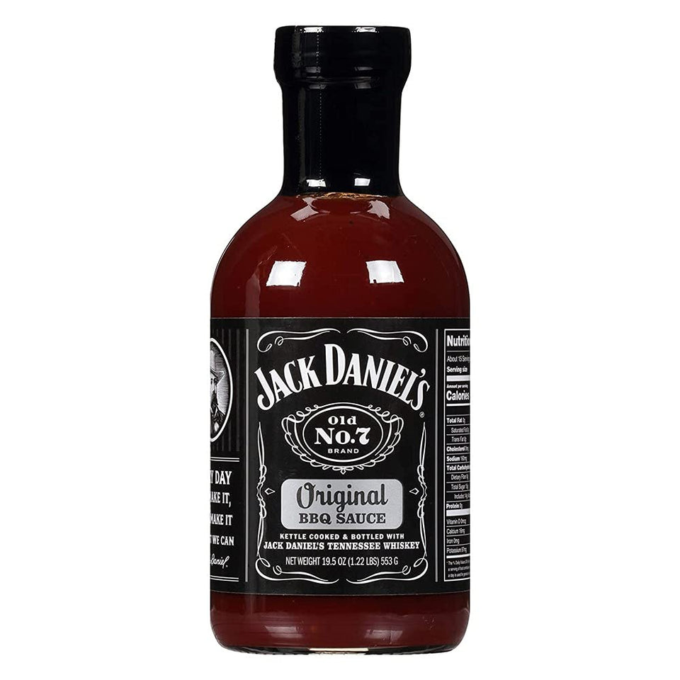 Jack Daniel's Old No. 7 bottle label shows classic branding and smoky barbecue flavor for grilling.