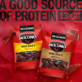 Jack Link's Original label close-up, seasoned with spices and hardwood smoke