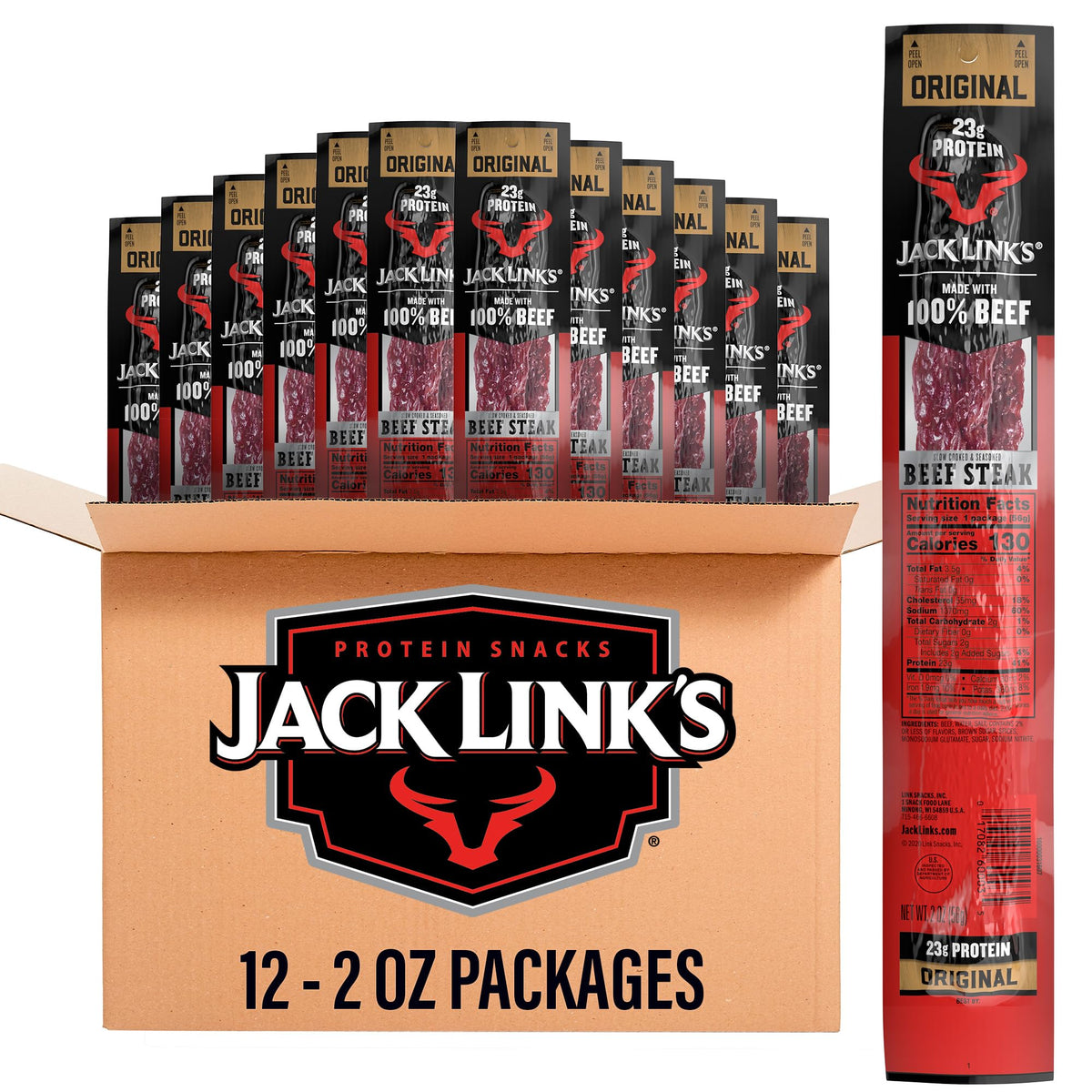 Jack Link's Beef Steak Original bulk pack on shelf, convenient protein for on-the-go meals.