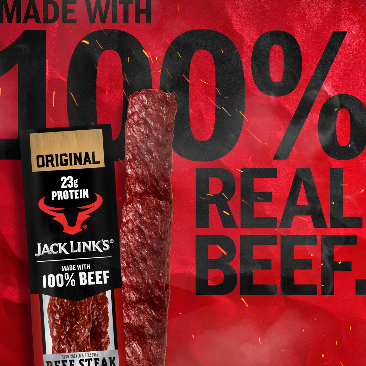 Close-up of Jack Link's Beef Steak Original, smoky seasoning and tender texture.