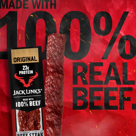 Close-up of Jack Link's Beef Steak Original, smoky seasoning and tender texture.