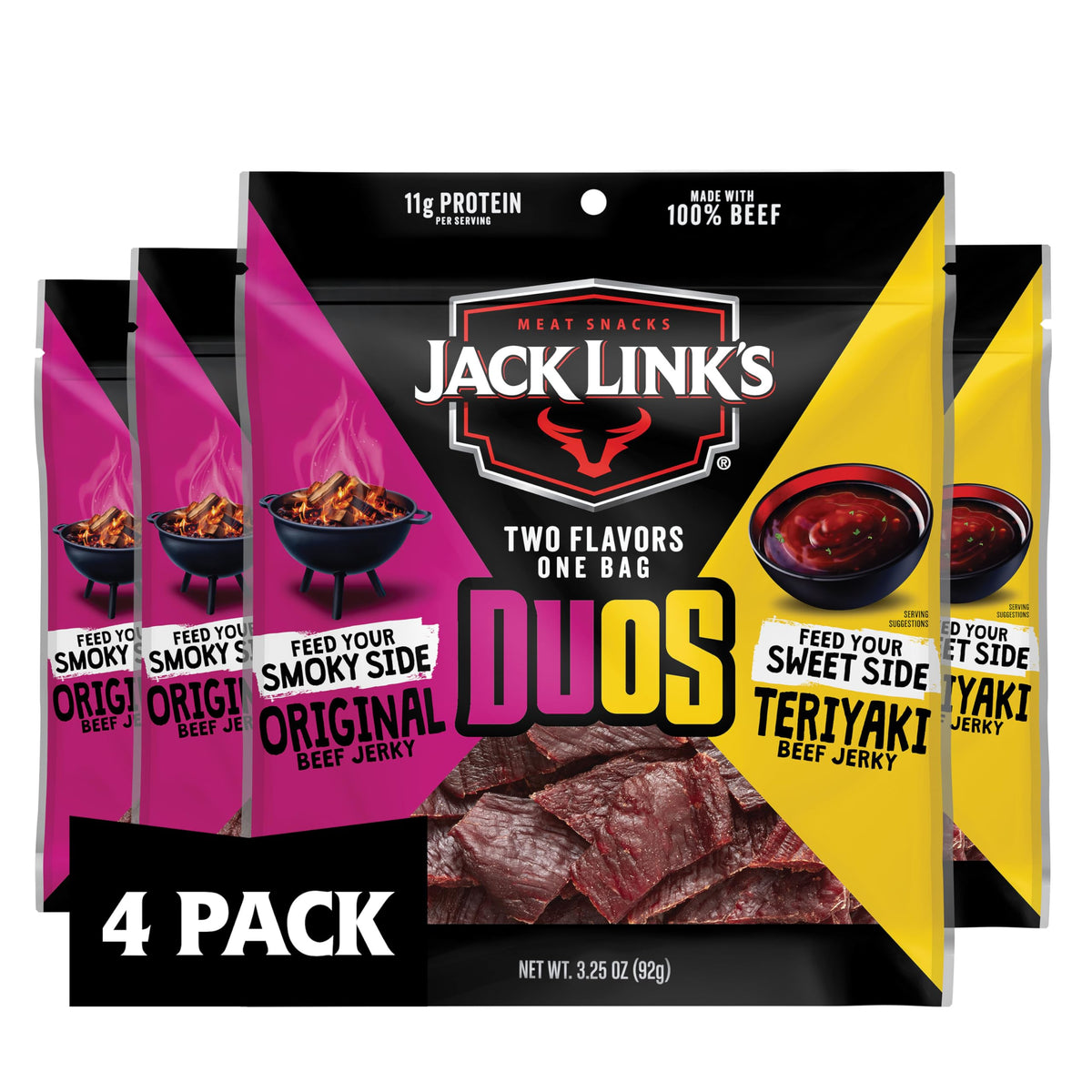 Jack Link's DUOs 4-pack packaging for shareable, protein-rich snacks.