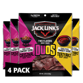 Jack Link's DUOs 4-pack packaging for shareable, protein-rich snacks.