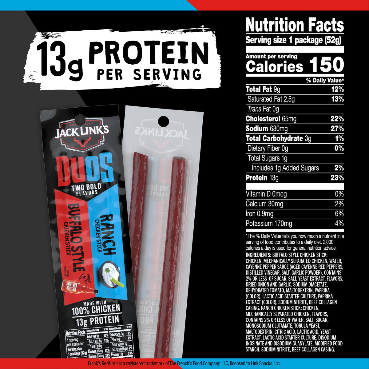 Jack Link's DUOs creamy ranch sticks, smooth contrast with buffalo heat