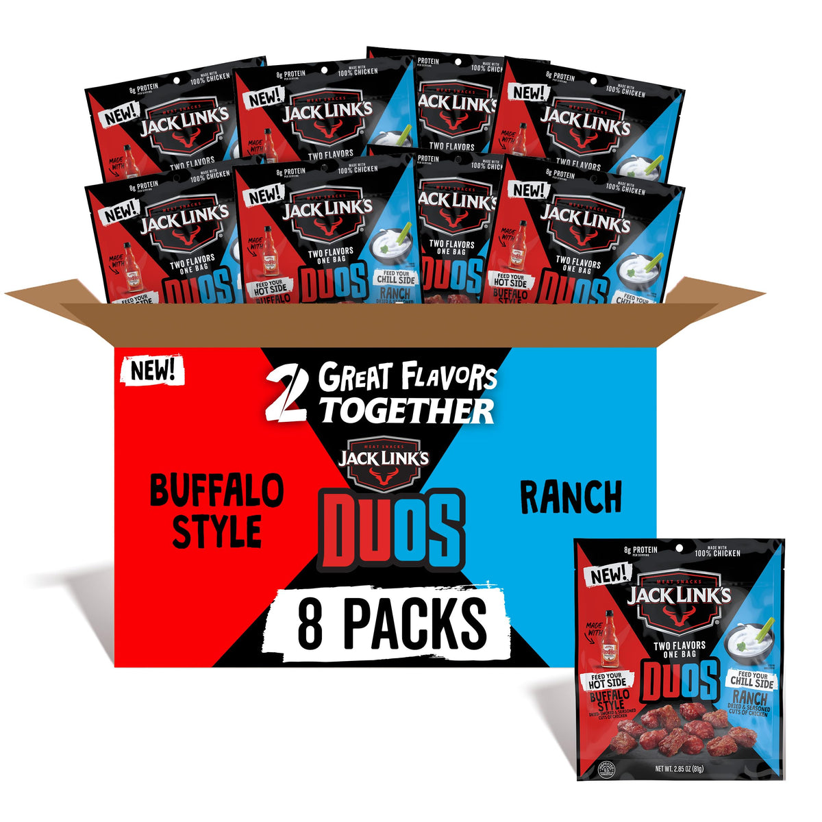 Jack Link's DUOs Frank's RedHot Buffalo-style packfront ready-to-eat protein snack